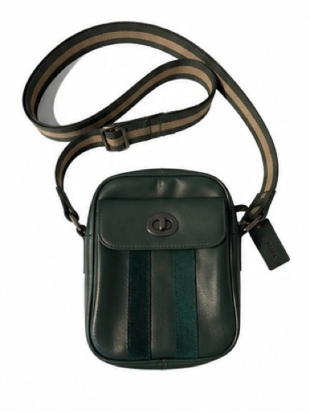 Coach Dark Green Leather Messenger Bag with Striped Strap